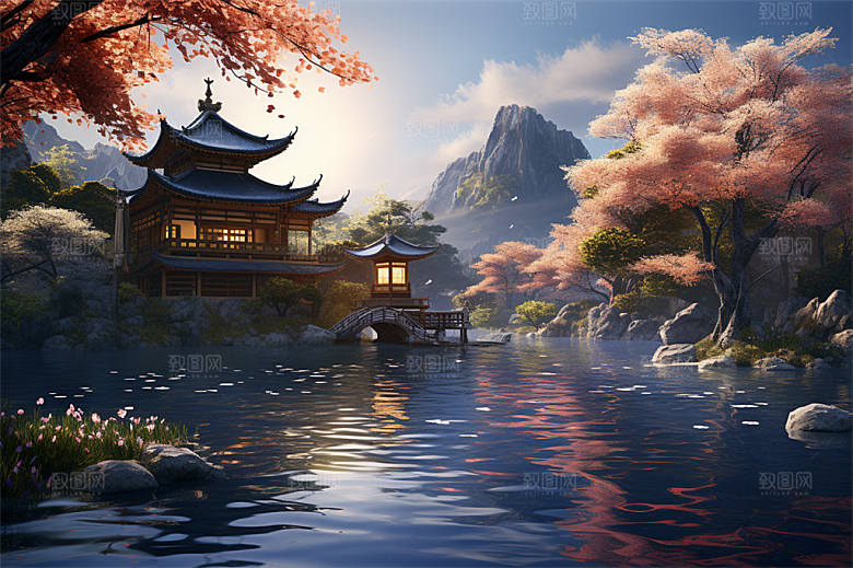 湖水栈桥远景高山艳丽树木国风建筑
