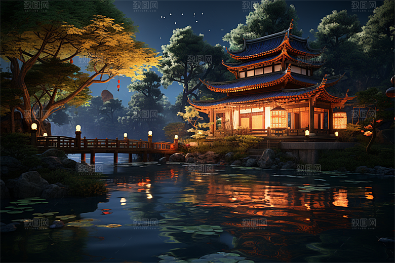 湖水栈桥远景高山艳丽树木国风建筑