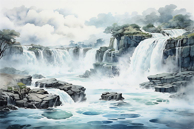 壶口瀑布奇色河水近景植物插画