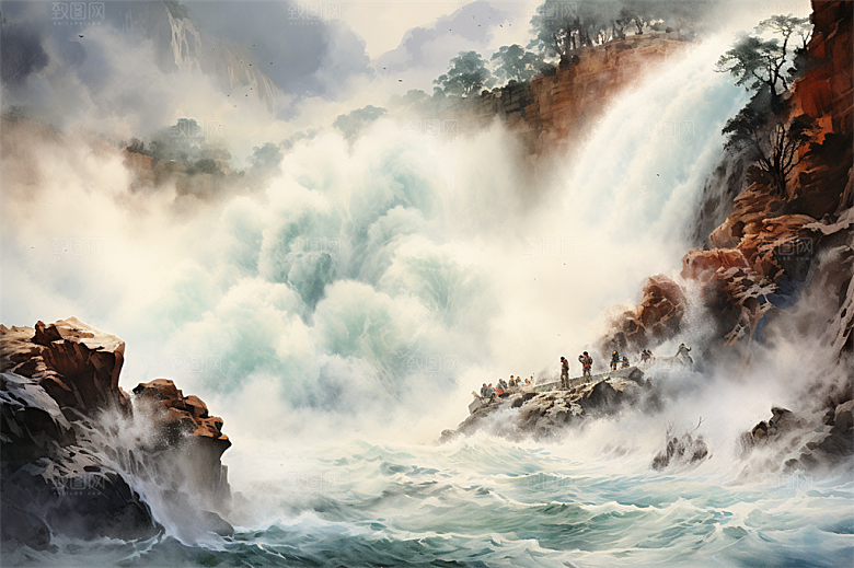 壶口瀑布奇色河水近景植物插画