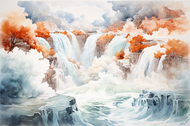 壶口瀑布奇色河水近景植物插画
