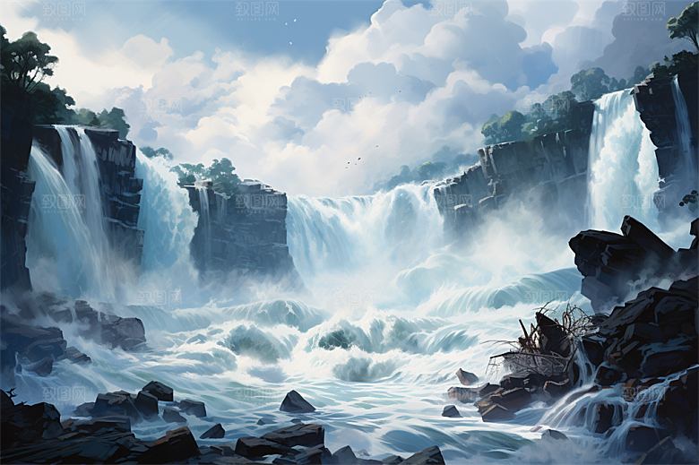 壶口瀑布奇色河水近景植物插画