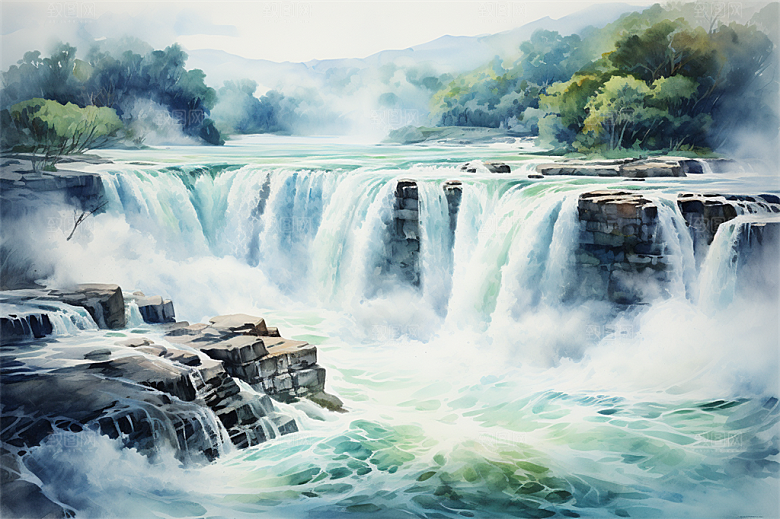 壶口瀑布奇色河水近景植物插画