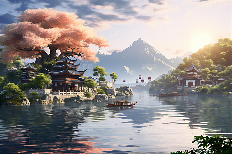 湖水栈桥远景高山艳丽树木国风建筑