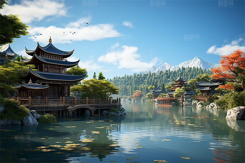 湖水栈桥远景高山艳丽树木国风建筑