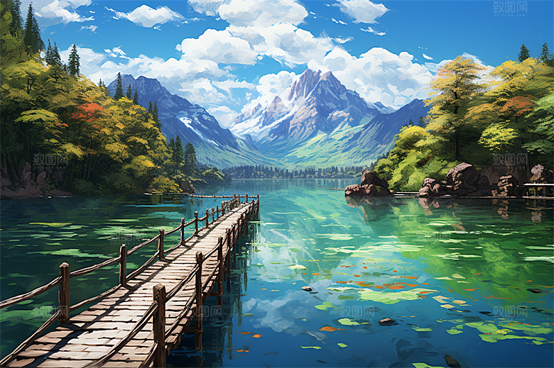 湖水栈桥远景高山艳丽树木国风建筑