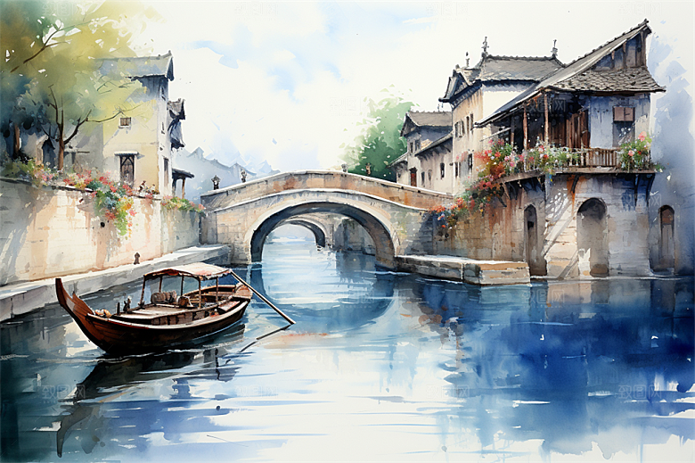 小河流水江南水乡国风建筑