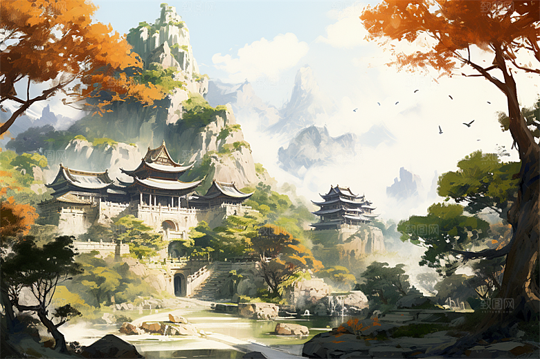高山树木山林寺庙风景插画