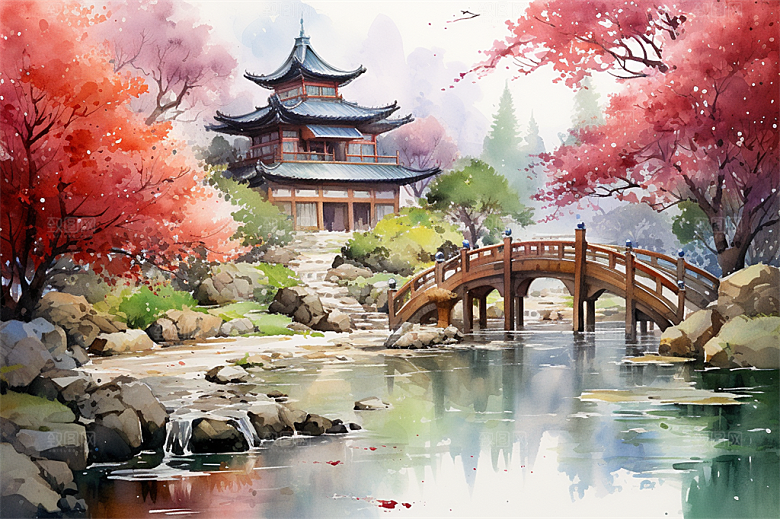 湖水栈桥远景高山艳丽树木国风建筑