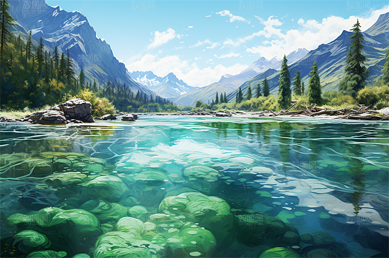 湖水栈桥远景高山艳丽树木国风建筑