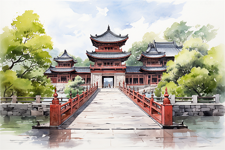 多层古塔国风建筑艳丽鲜花风景插画