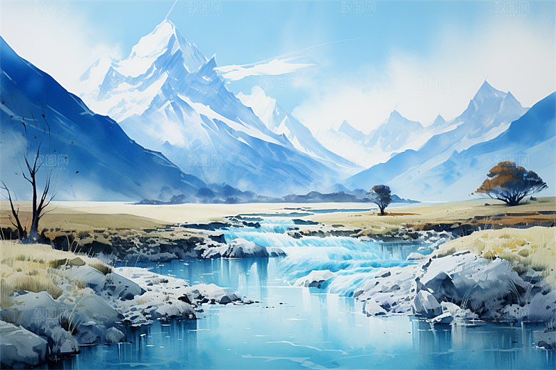白雪茫茫高耸雪山山脚绿植大场景插画