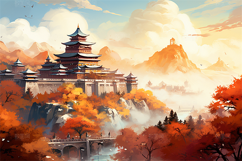 多层古塔国风建筑艳丽鲜花风景插画