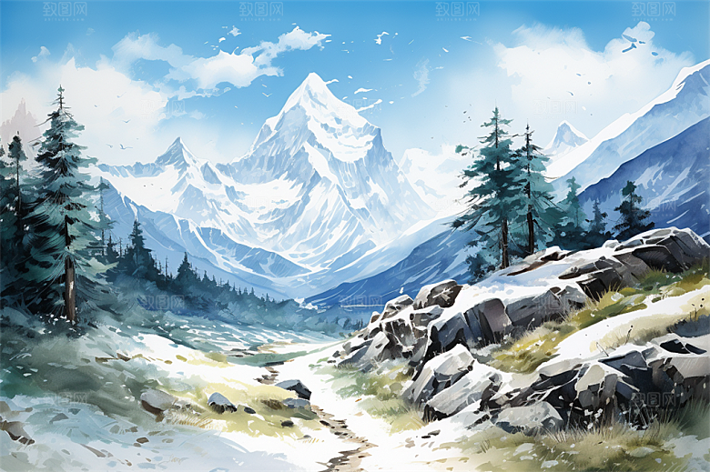 白雪茫茫高耸雪山山脚绿植大场景插画