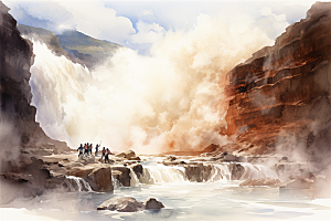 壶口瀑布奇色河水近景植物插画