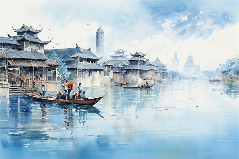 小河流水江南水乡国风建筑