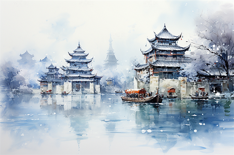 多层古塔国风建筑艳丽鲜花风景插画
