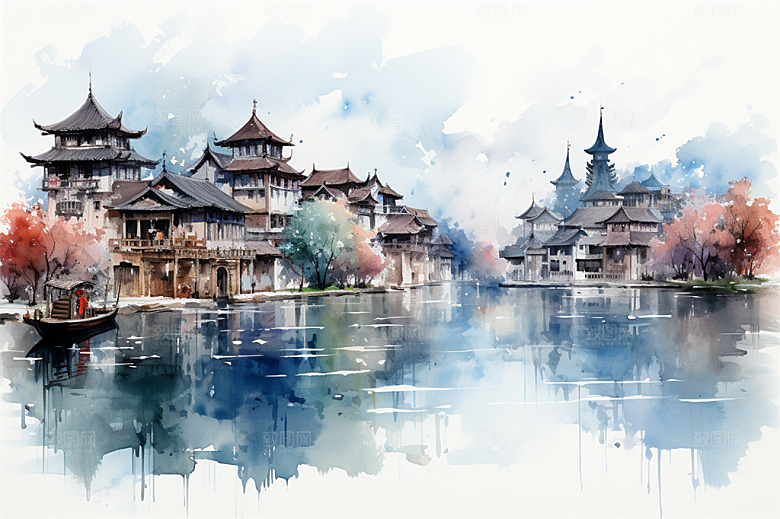 多层古塔国风建筑艳丽鲜花风景插画