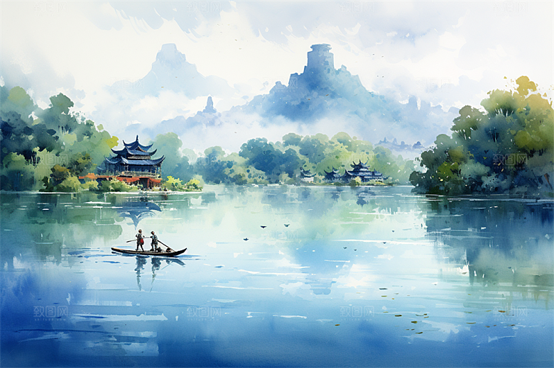 湖水栈桥远景高山艳丽树木国风建筑