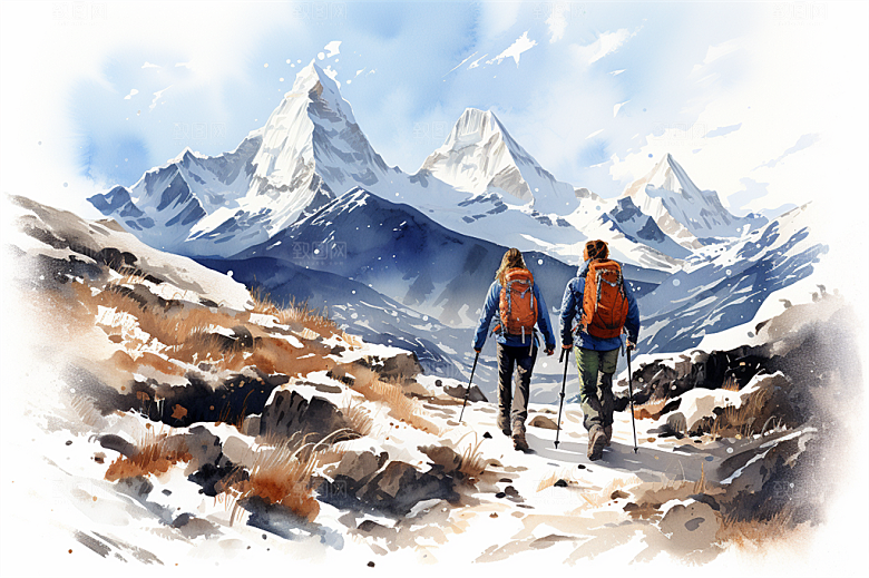 白雪茫茫高耸雪山山脚绿植大场景插画