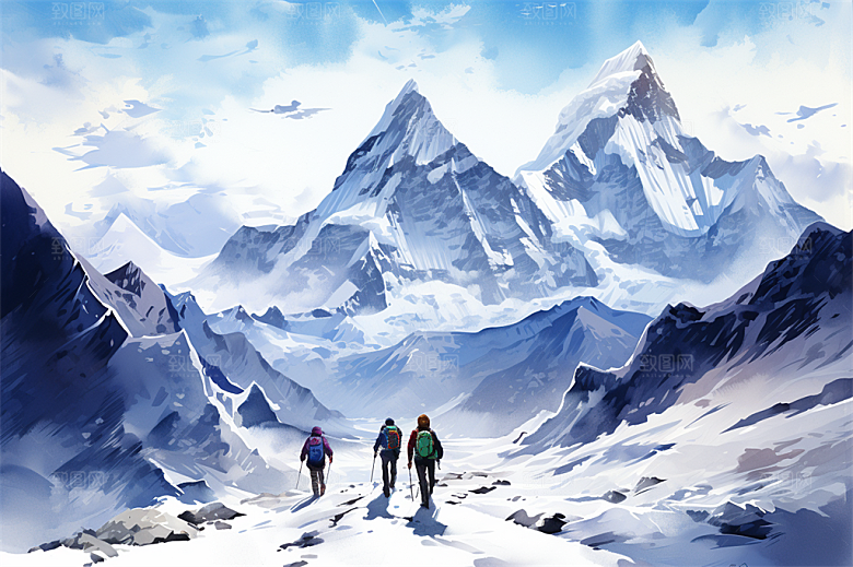 白雪茫茫高耸雪山山脚绿植大场景插画
