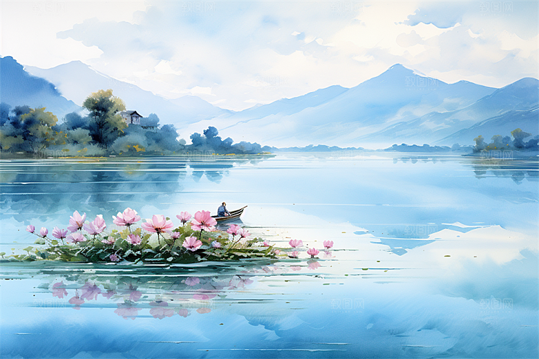 湖水栈桥远景高山艳丽树木国风建筑
