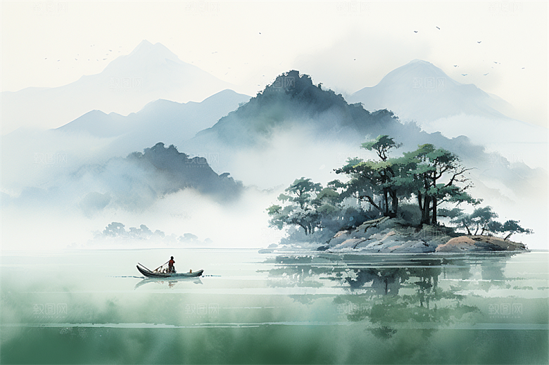湖水栈桥远景高山艳丽树木国风建筑