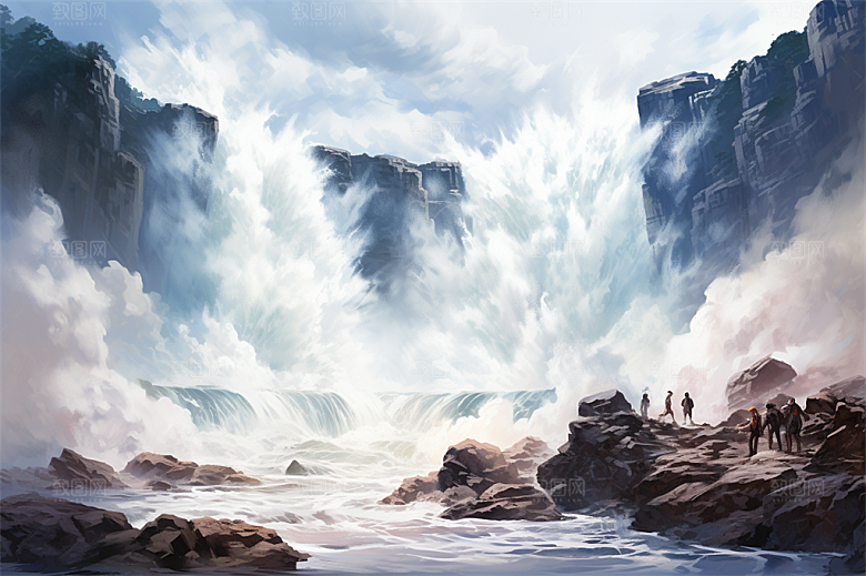 壶口瀑布奇色河水近景植物插画