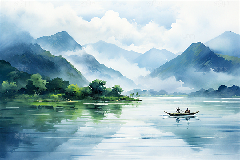湖水栈桥远景高山艳丽树木国风建筑