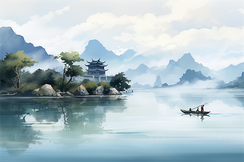 湖水栈桥远景高山艳丽树木国风建筑