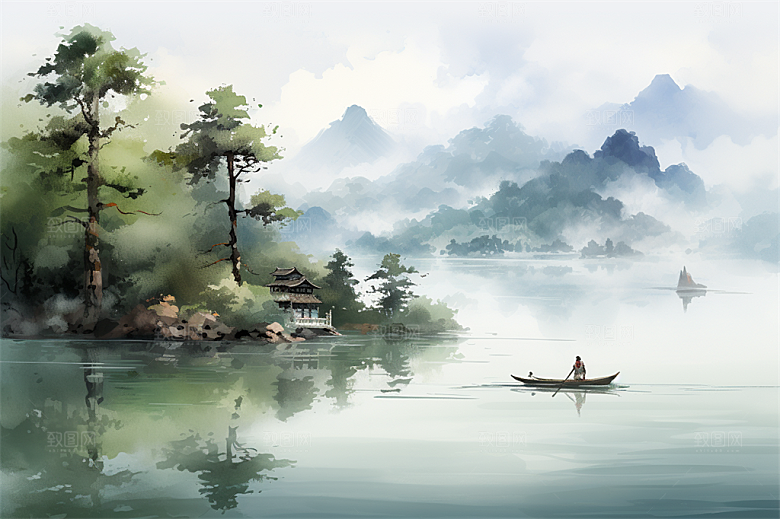 湖水栈桥远景高山艳丽树木国风建筑