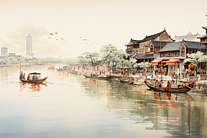 小河流水江南水乡国风建筑