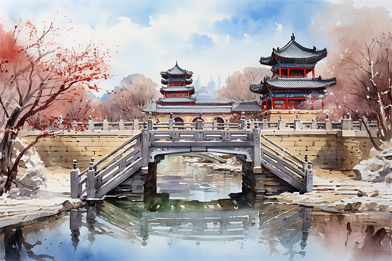 多层古塔国风建筑艳丽鲜花风景插画