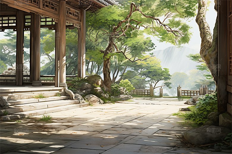 多层古塔国风建筑艳丽鲜花风景插画