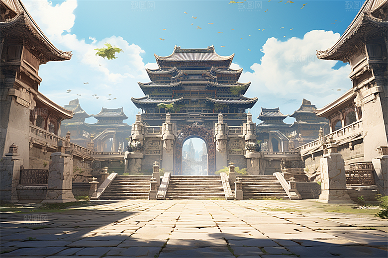 多层古塔国风建筑艳丽鲜花风景插画