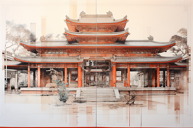 多层古塔国风建筑艳丽鲜花风景插画