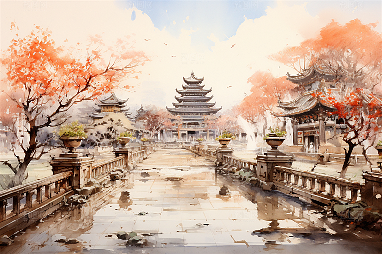 西双版纳傣式宫殿山水风景画
