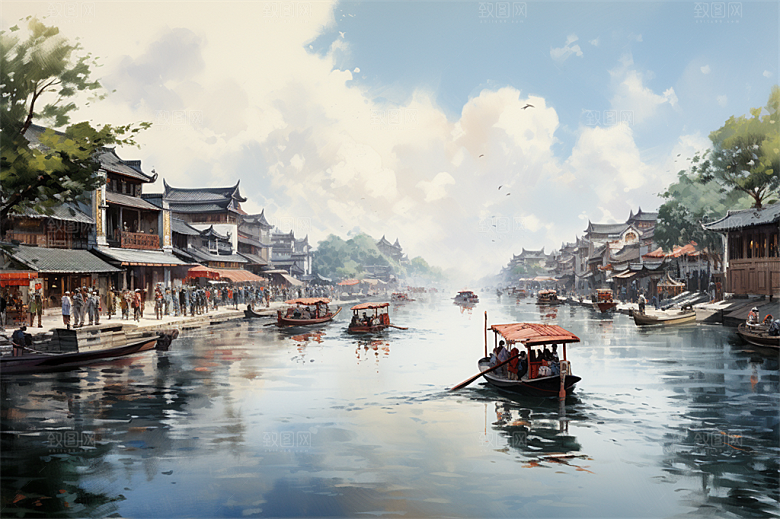 小河流水江南水乡国风建筑