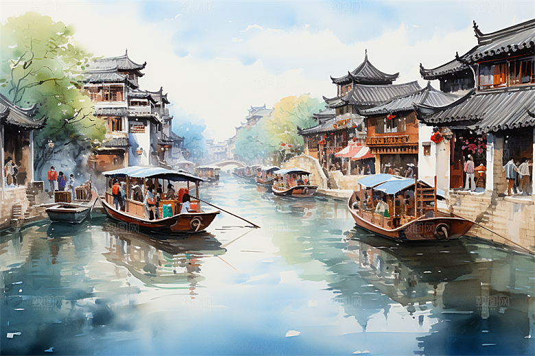 小河流水江南水乡国风建筑