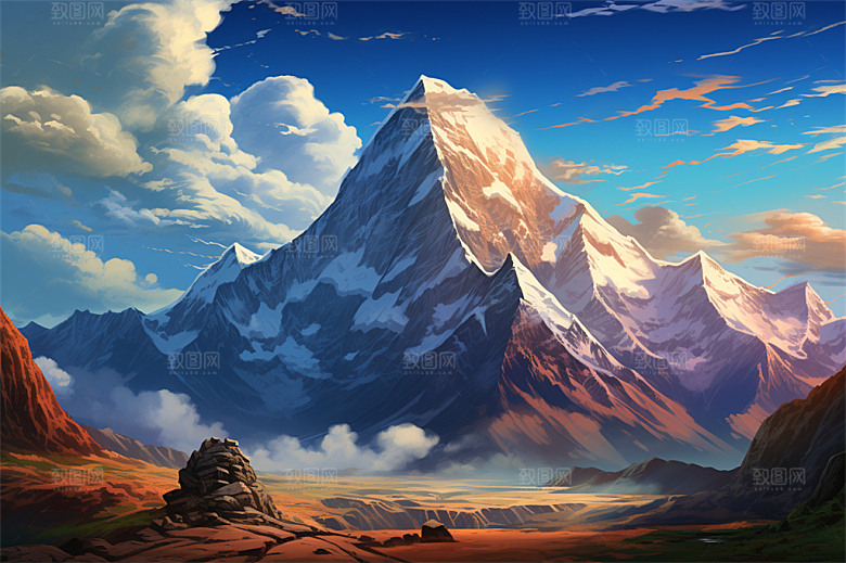 白雪茫茫高耸雪山山脚绿植大场景插画