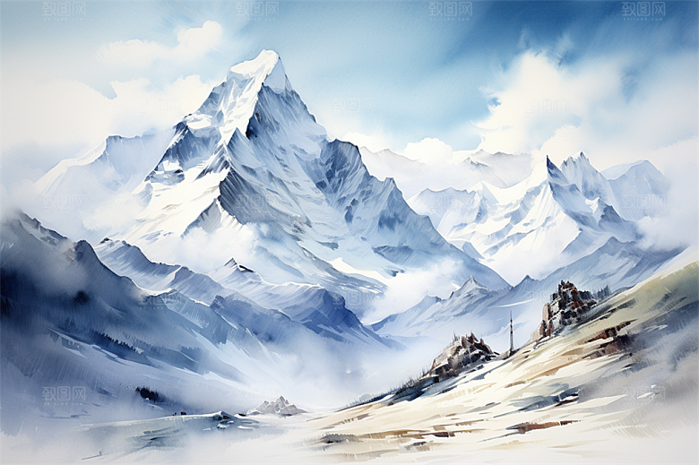 白雪茫茫高耸雪山山脚绿植大场景插画