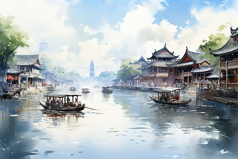小河流水江南水乡国风建筑