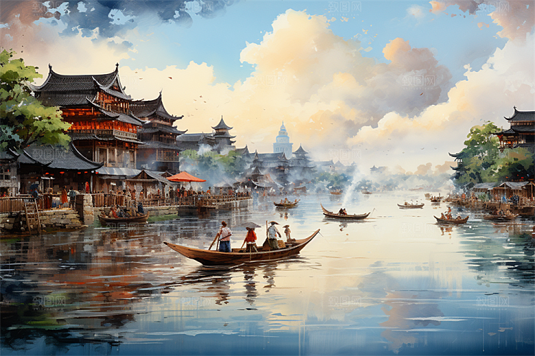 小河流水江南水乡国风建筑