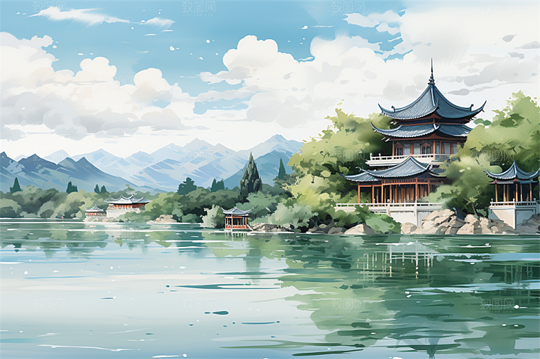 湖水栈桥远景高山艳丽树木国风建筑