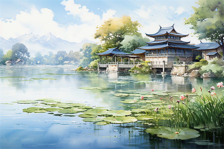湖水栈桥远景高山艳丽树木国风建筑