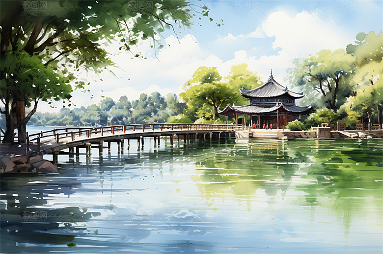 湖水栈桥远景高山艳丽树木国风建筑