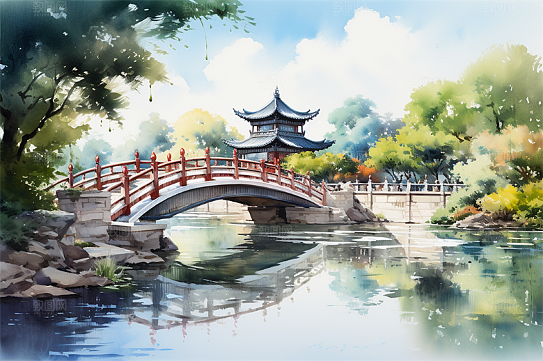 湖水栈桥远景高山艳丽树木国风建筑