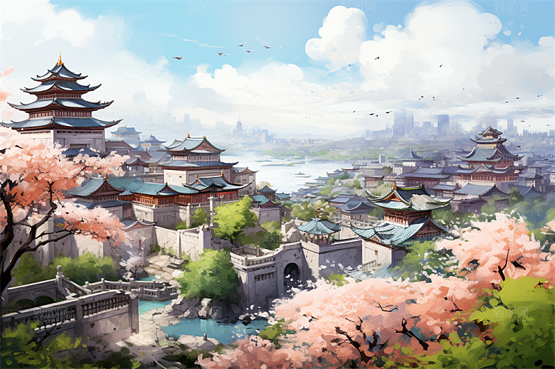 湖水栈桥远景高山艳丽树木国风建筑