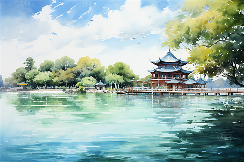 湖水栈桥远景高山艳丽树木国风建筑