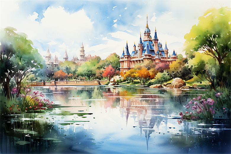 西双版纳傣式宫殿山水风景画